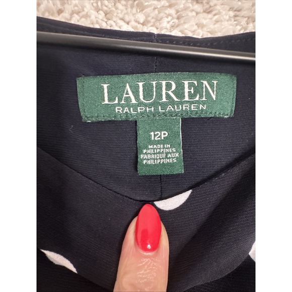 Lauren Ralph Lauren Black White Polka Dot Dress Sz 12P Ruched Flounce Skirt - Picture 2 of 6